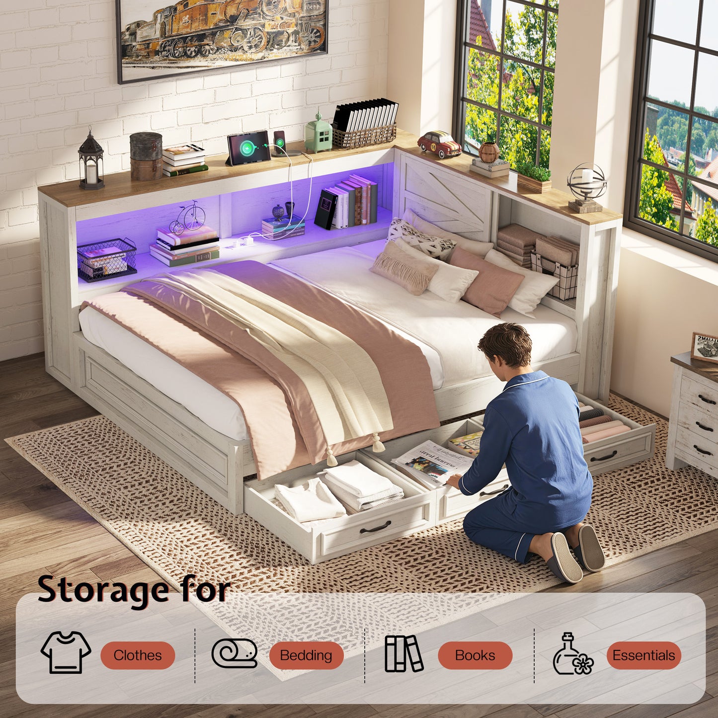 Jocisland Corner Bed Frame with Storage Drawers and Bookcase Headboard, Charging Station and Led Lights, Farmhouse Wood Daybed for Kids Teens, No Box Spring Needed