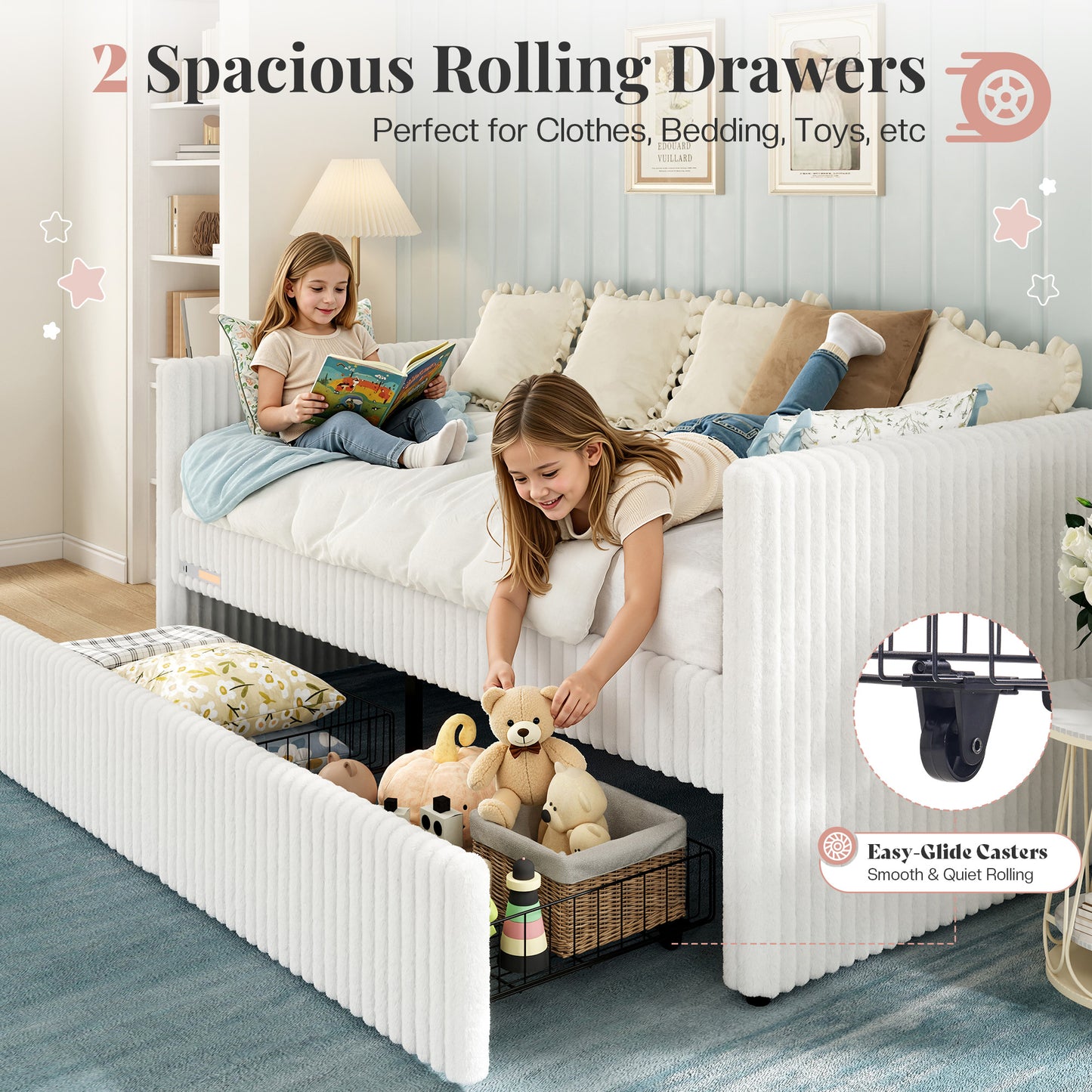 Jocisland Twin Size Corduroy Daybed with 2 Storage Drawers & Bedside Pockets, Upholstery Sofa Bed With Charging & Night Light, Easy Assembly, No Box Spring Needed, for Living Room, Bedroom
