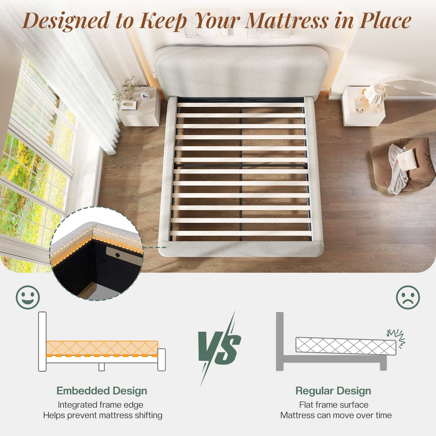 Jocisland Cloud Bed Frame, 7.1" Thick Curved Headboard, Soft Rounded Corners Kid & Pet Safe Design, Modern Upholstered Platform Bed, No Box Spring Needed, Easy Assembly