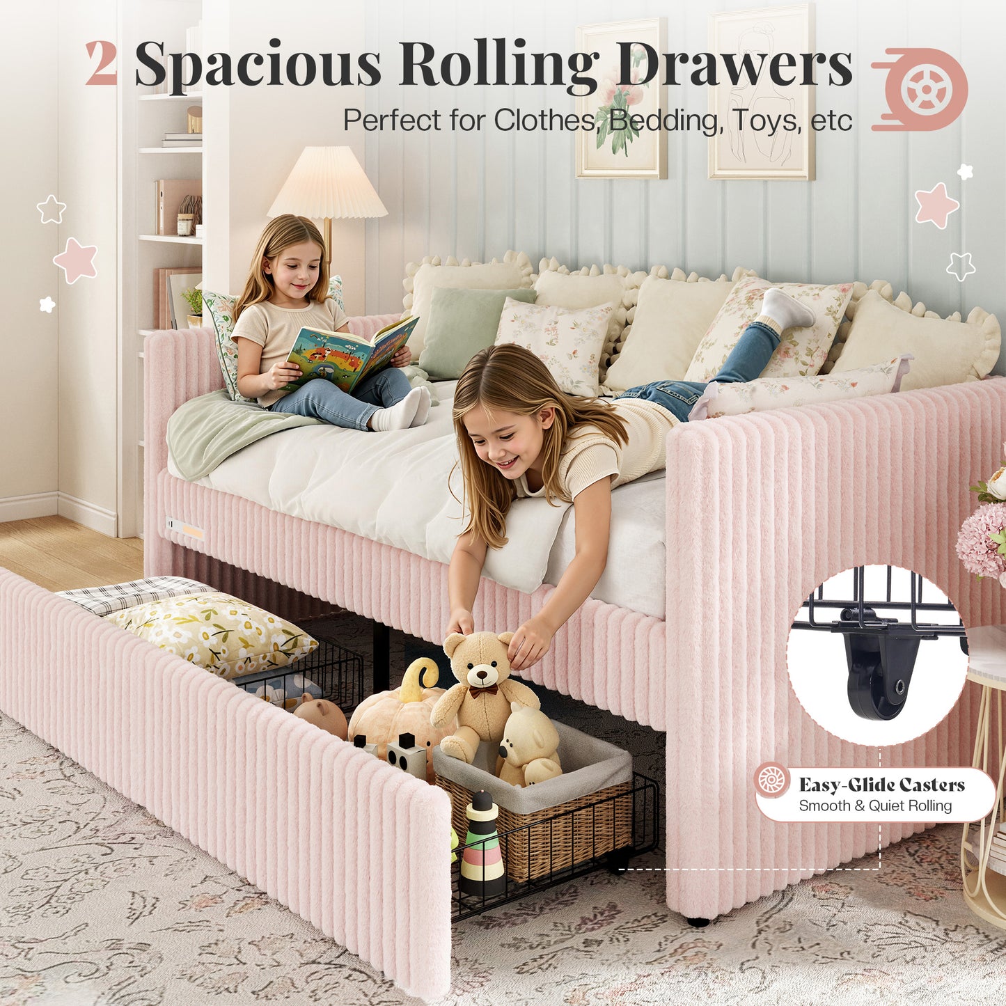 Jocisland Twin Size Corduroy Daybed with 2 Storage Drawers & Bedside Pockets, Upholstery Sofa Bed With Charging & Night Light, Easy Assembly, No Box Spring Needed, for Living Room, Bedroom