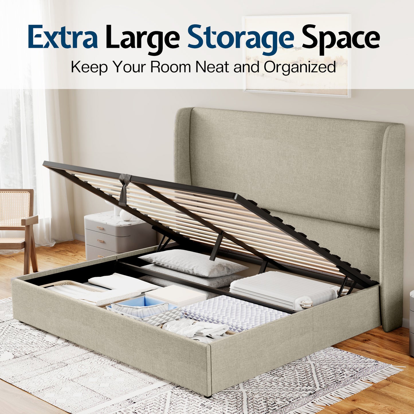 Jocisland Upholstered Platform Bed Frame with Hydraulic Lift Storage, Wingback Headboard, Wood Slats Support, No Box Spring Needed
