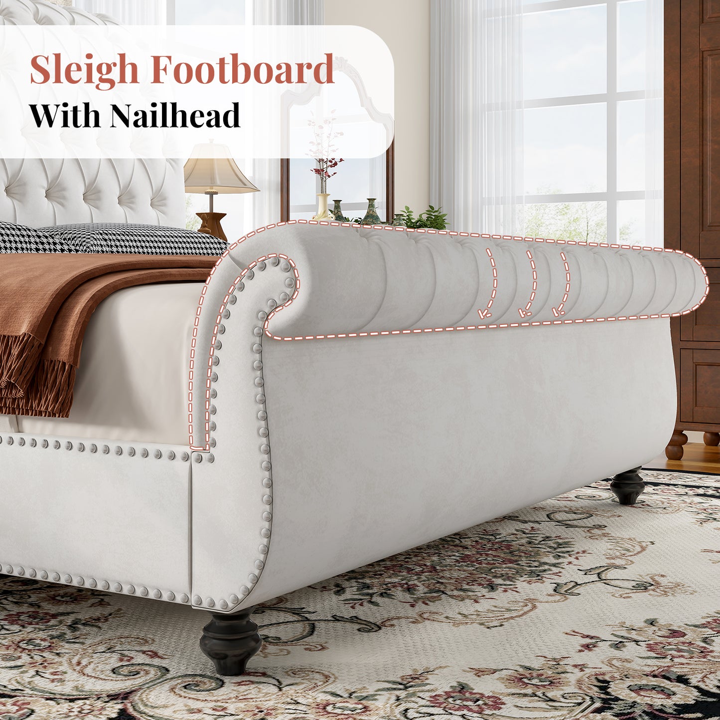 Jocisland Velvet Upholstered Platform Sleigh Bed Frame with Scroll Headboard & Footboard, Button Tufted