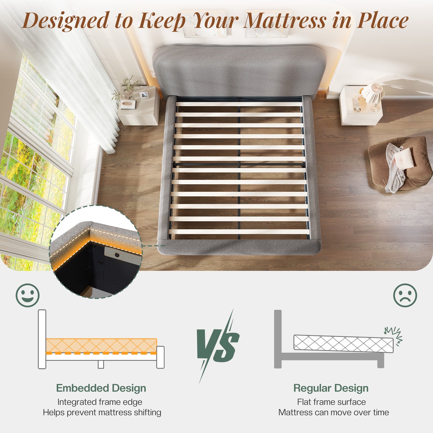 Jocisland Cloud Bed Frame, 7.1" Thick Curved Headboard, Soft Rounded Corners Kid & Pet Safe Design, Modern Upholstered Platform Bed, No Box Spring Needed, Easy Assembly