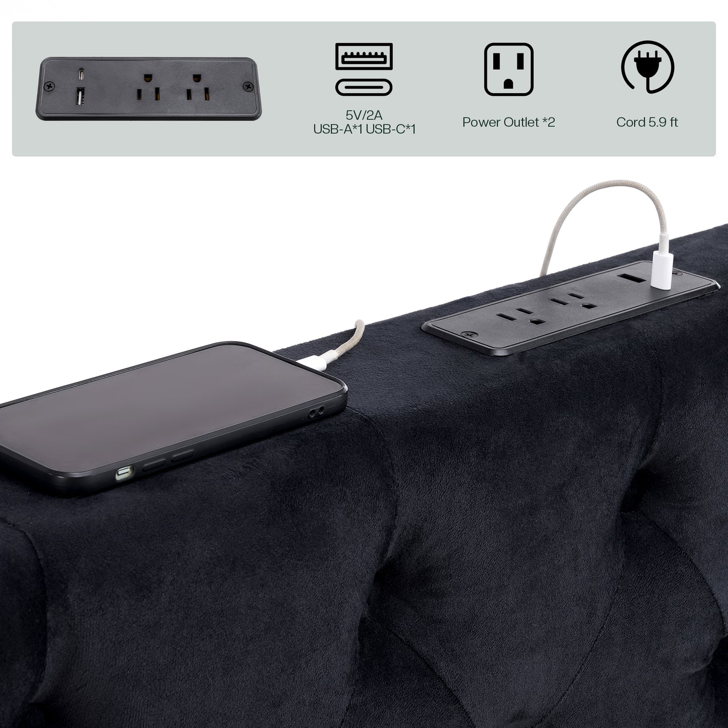 Jocisland Upholstered Canopy Bed Frame with 74.8" Tall Four Poster and Velvet Deep-Tufted Tall Headboard with Charging Station/Modern Luxury Style/No Box Spring Needed