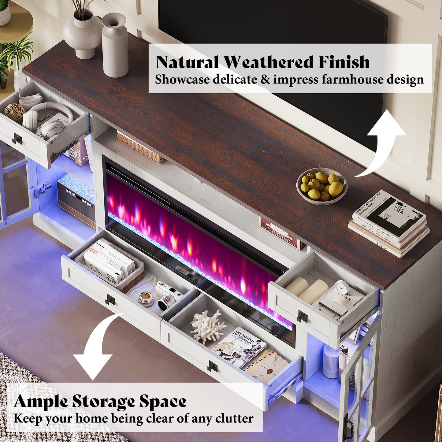 Merluxy 70“ Fireplace TV Stand for 80 Inch TV,Farmhouse TV Stand with 42" Fireplace & LED Lights,Entertainment Center with Storage Drawers & Cabinets,Antique White