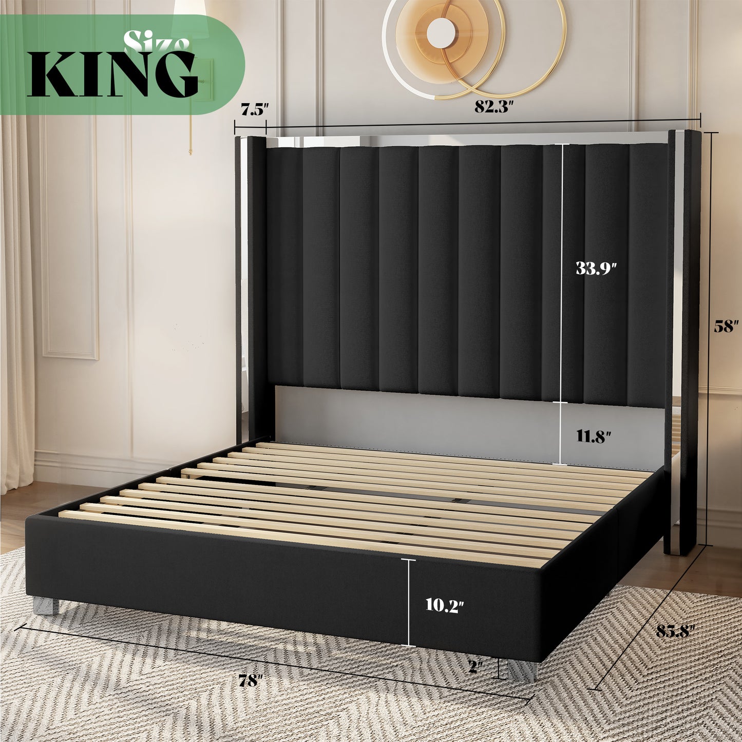 AMERLIFE 3-Piece Modern Bedroom Set Upholstered Bed Frame with 58" Wingback Headboard and 2 White Nightstands