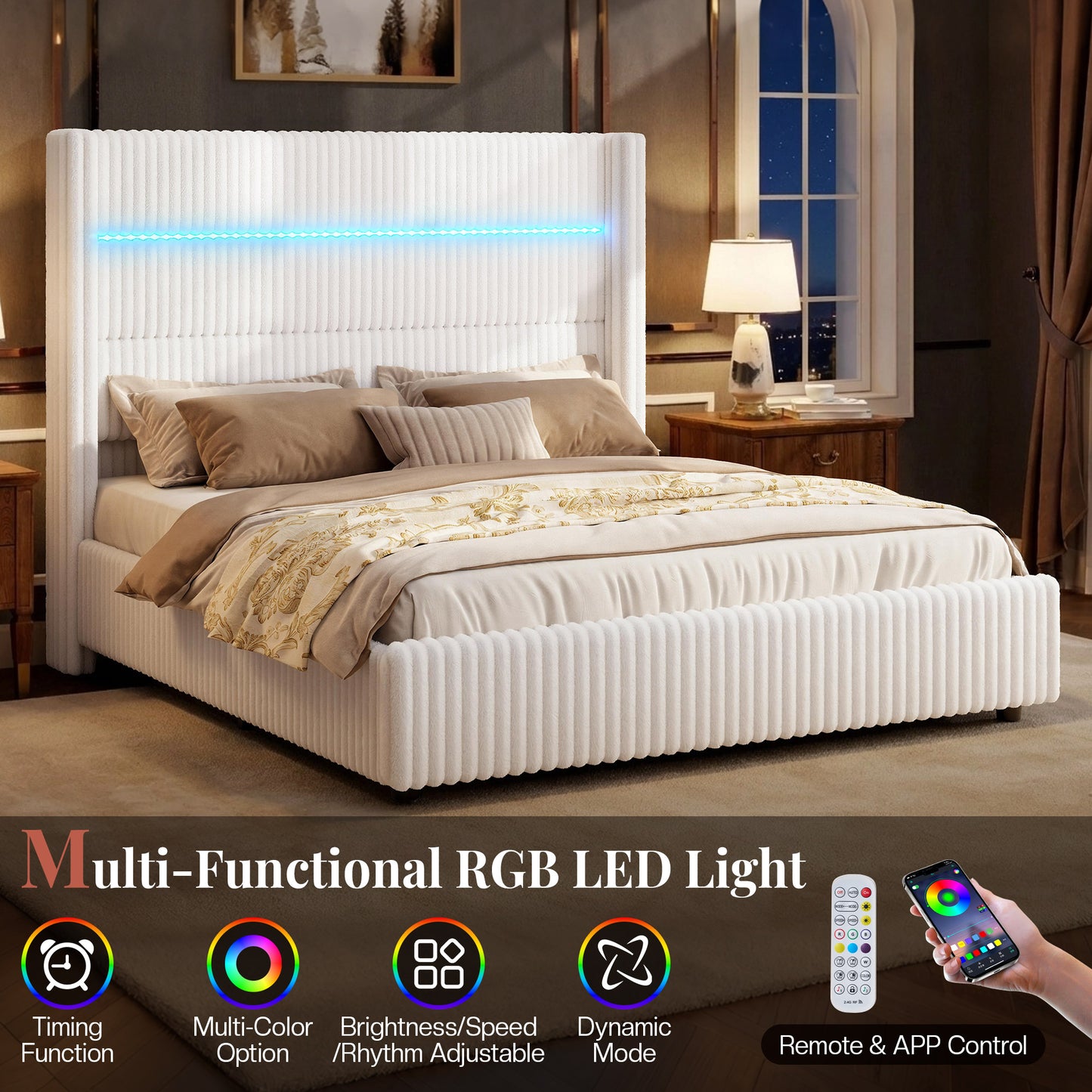 Jocisland Upholstered Corduroy Bed Frame with 4 Storage Drawers, 51.2" Tall Wingback Headboard, LED Lights & Charging Station, Platform Bed No Box Spring Needed, Easy Assembly