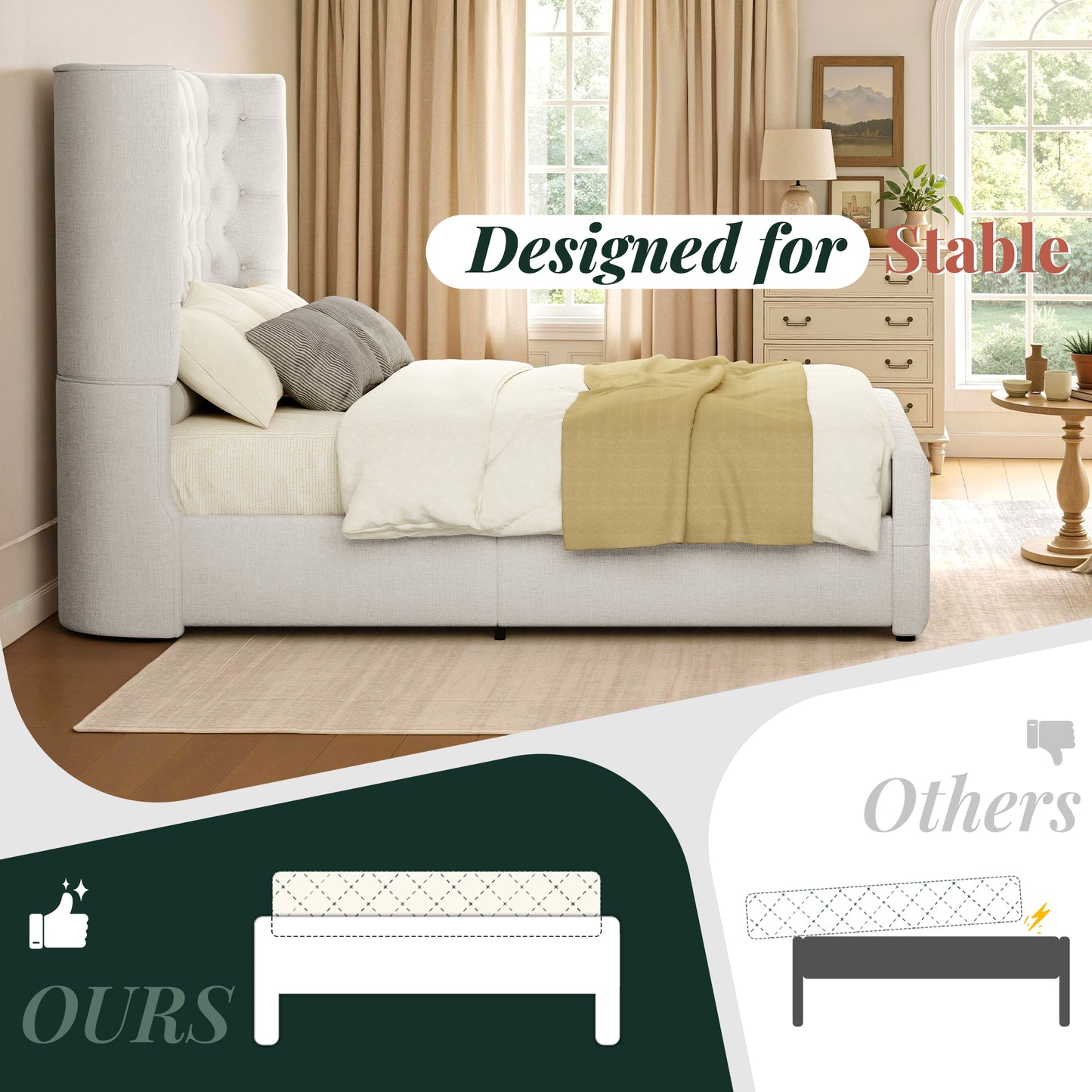 Jocisland Platform Bed Frame, 6.3" Thick Upholstered Curved Wingback Headboard and Footboard with Deep Button Tufted, Easy Assembly, No Box Spring Needed