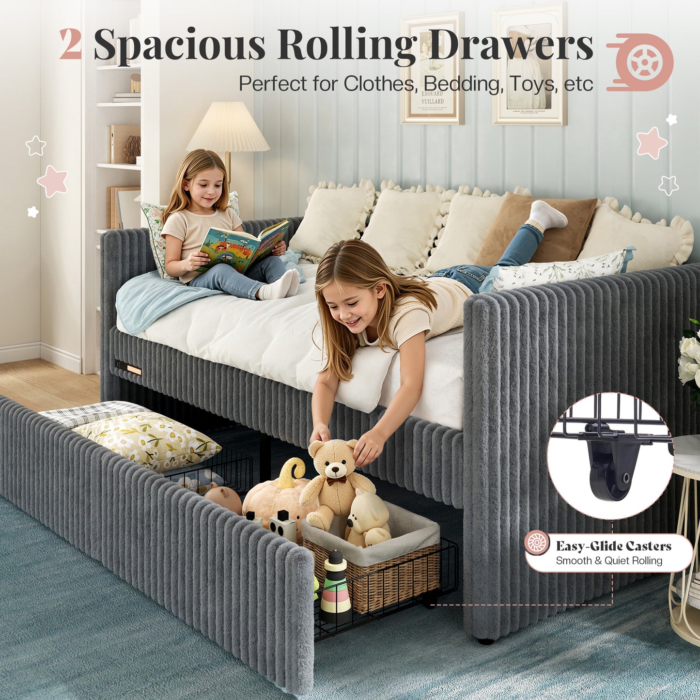 Jocisland Twin Size Corduroy Daybed with 2 Storage Drawers & Bedside Pockets, Upholstery Sofa Bed With Charging & Night Light, Easy Assembly, No Box Spring Needed, for Living Room, Bedroom