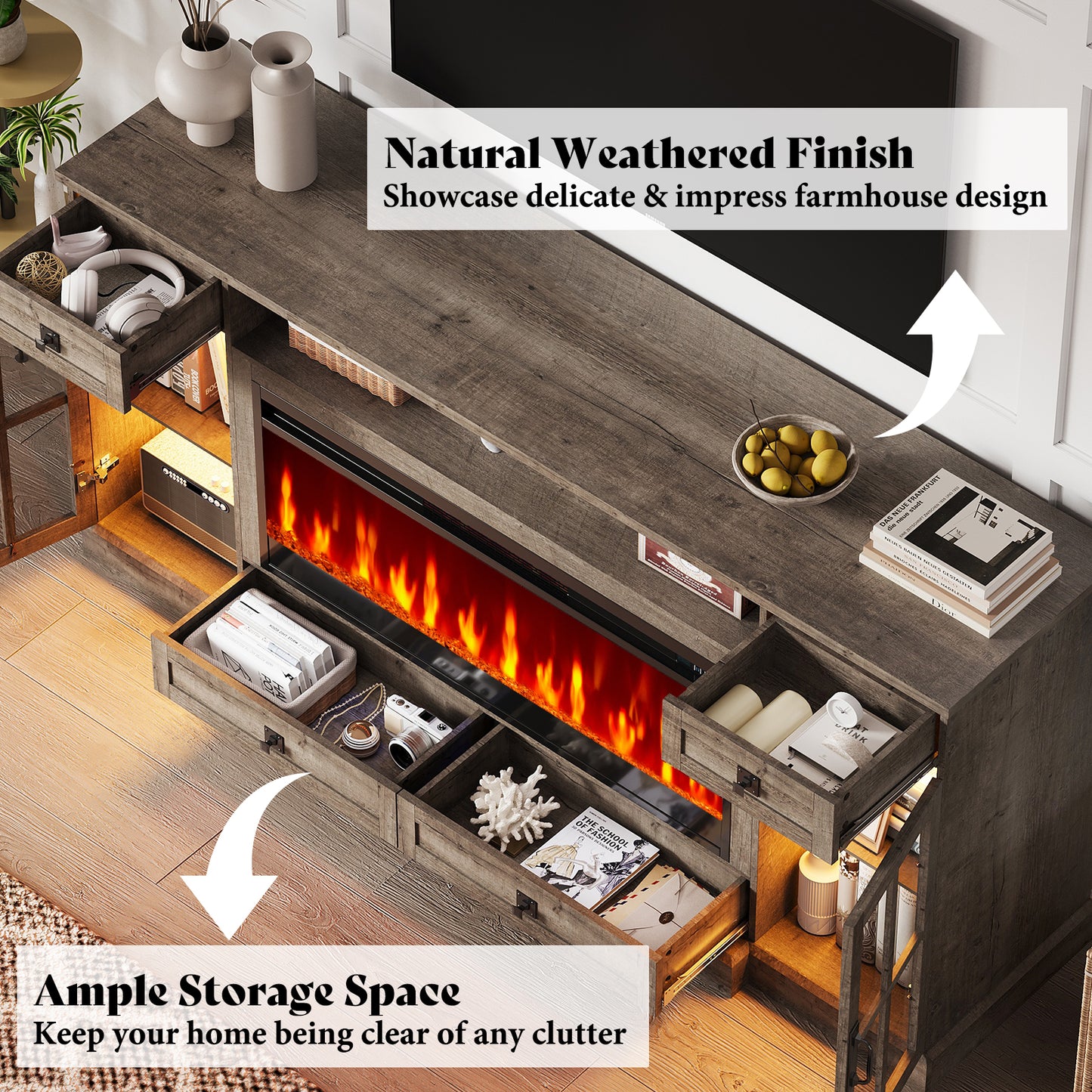 Merluxy 70“ Fireplace TV Stand for 80 Inch TV,Farmhouse TV Stand with 42" Fireplace & LED Lights,Entertainment Center with Storage Drawers & Cabinets,Antique White