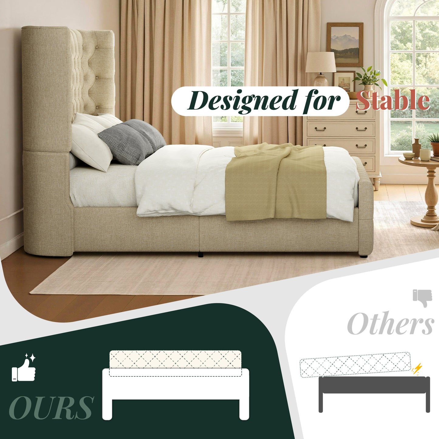 Jocisland Platform Bed Frame, 6.3" Thick Upholstered Curved Wingback Headboard and Footboard with Deep Button Tufted, Easy Assembly, No Box Spring Needed