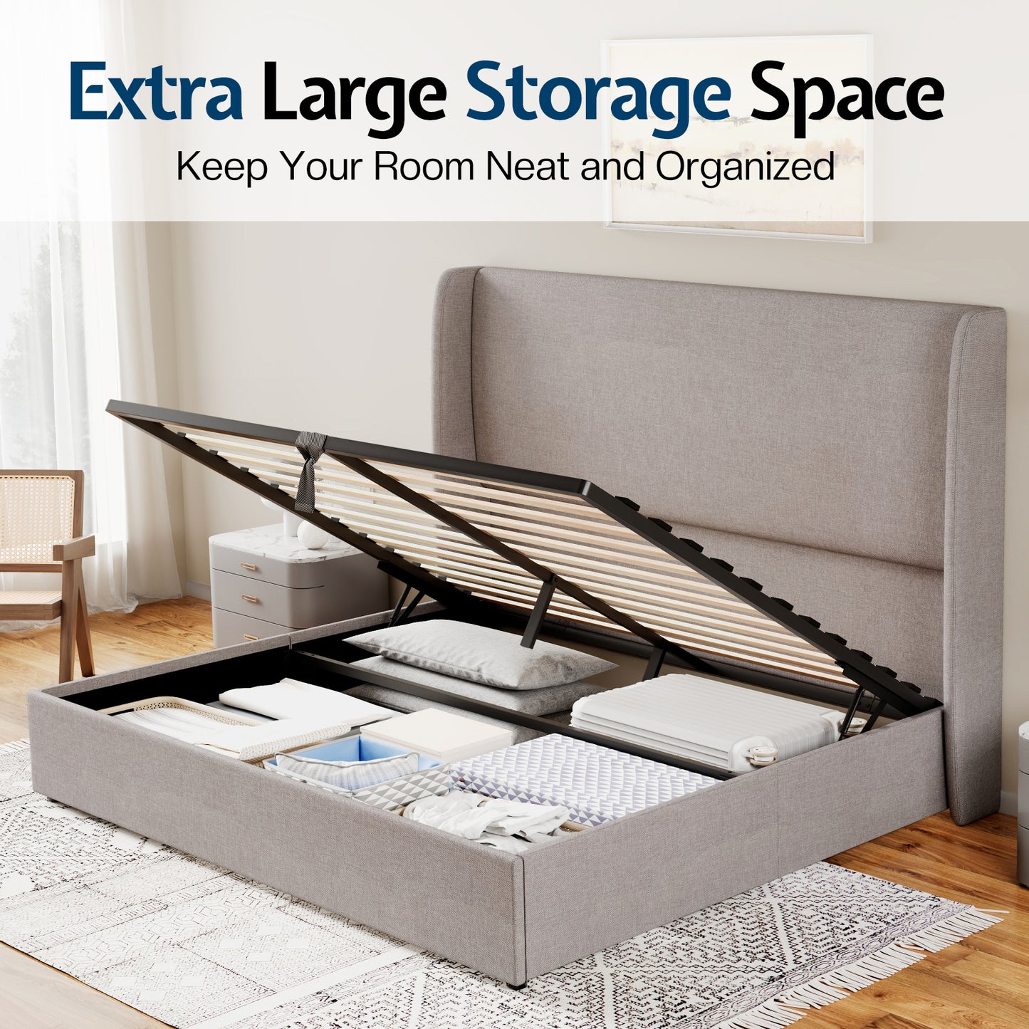 Jocisland Upholstered Platform Bed Frame with Hydraulic Lift Storage, Wingback Headboard, Wood Slats Support, No Box Spring Needed