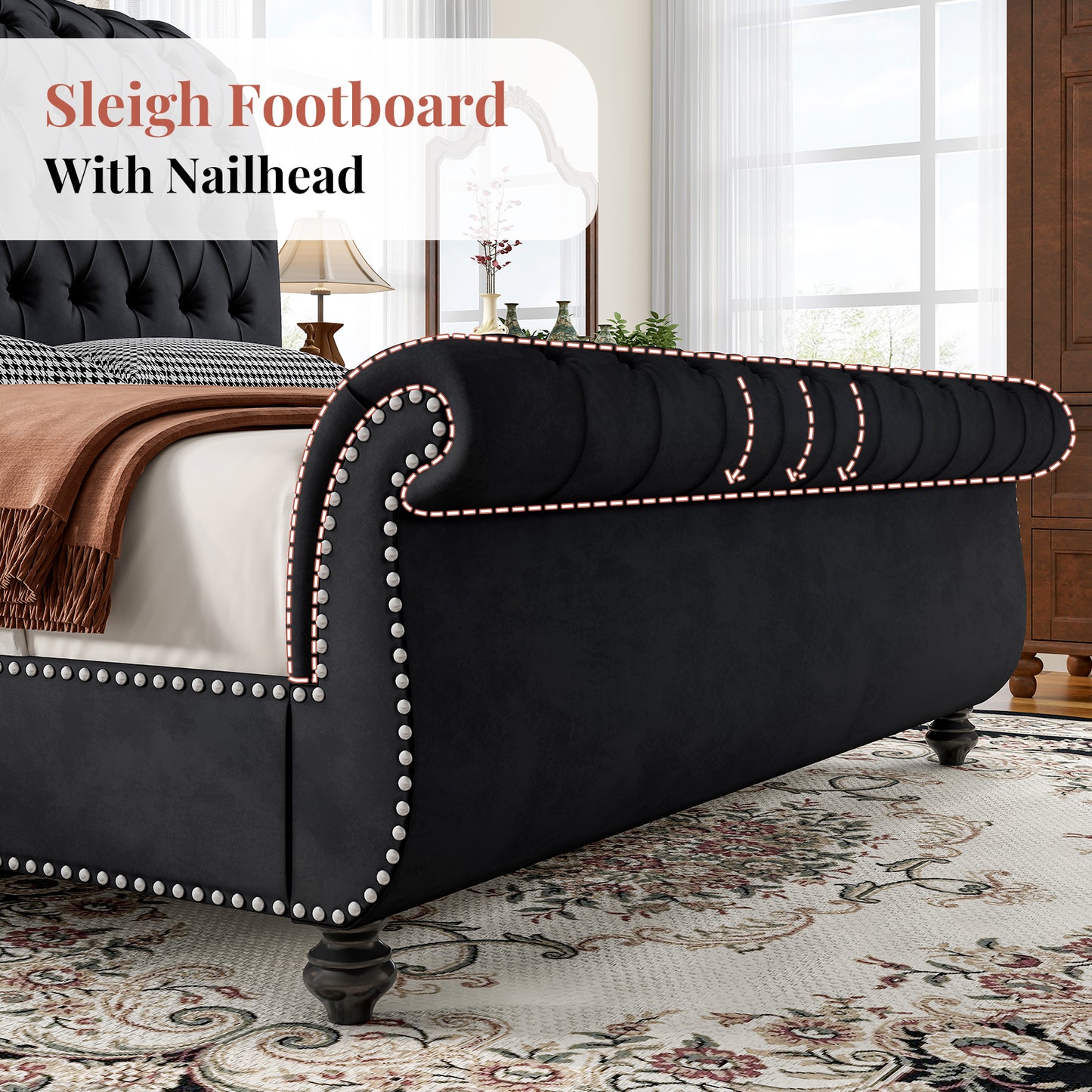 Jocisland Velvet Upholstered Platform Sleigh Bed Frame with Scroll Headboard & Footboard, Button Tufted