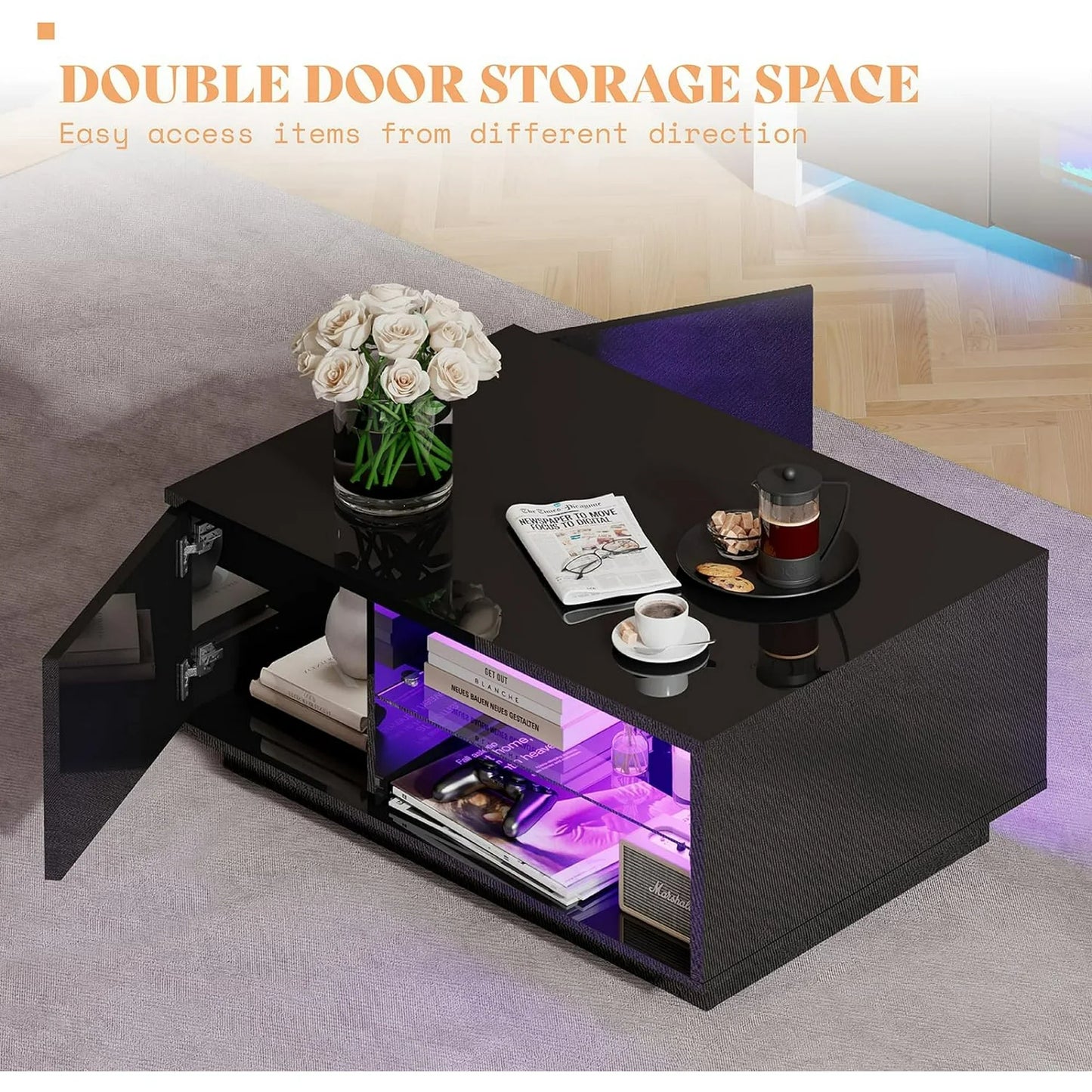 LED Coffee Table with 20-Color Light for Bedroom, Black