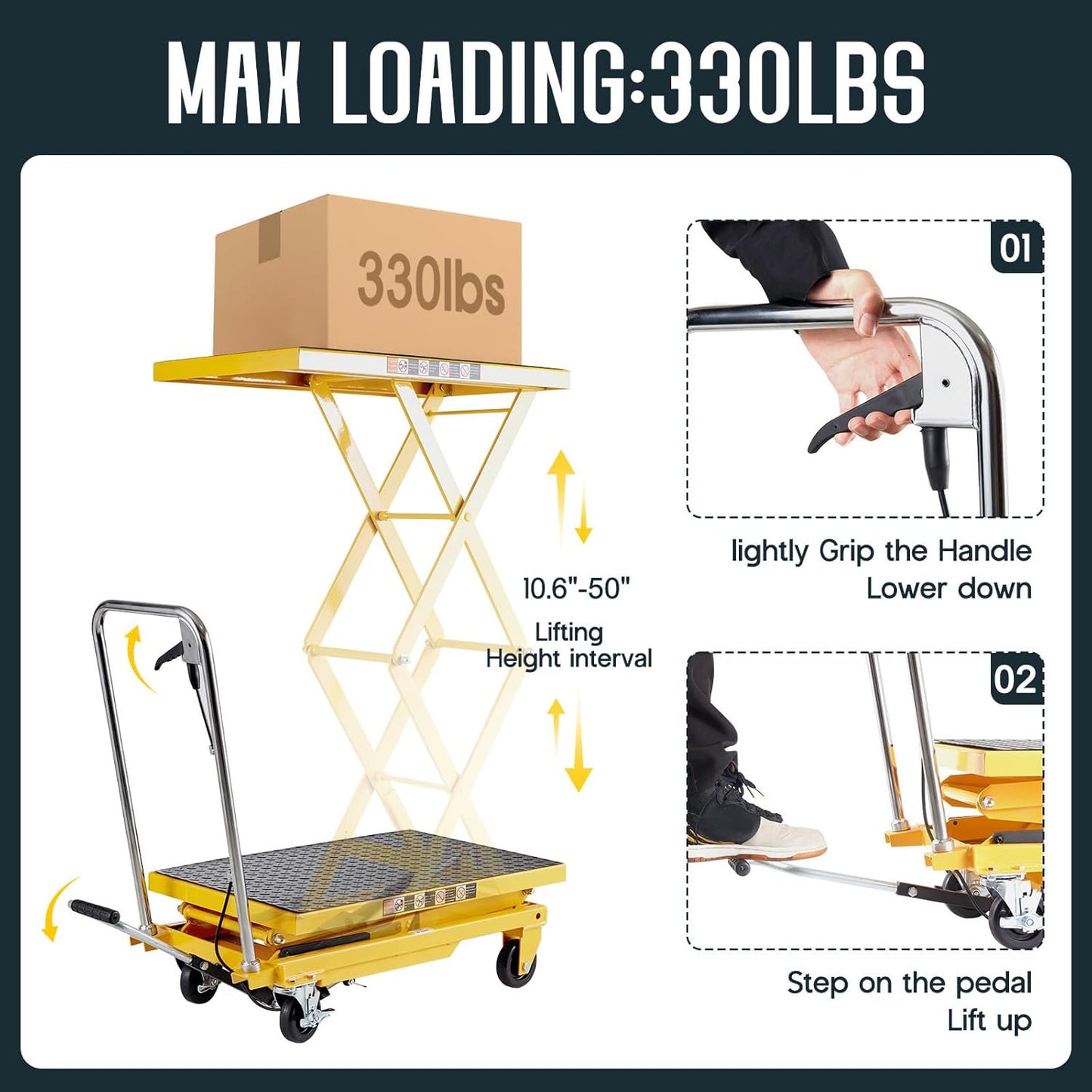 Jocisland Hydraulic Lift Table Cart, 330lbs Capacity 50" Lifting Height, Double Scissor Lift Table with 4 Wheels and Non-Slip Pad, hydraulic lift table for Material Handling, Yellow