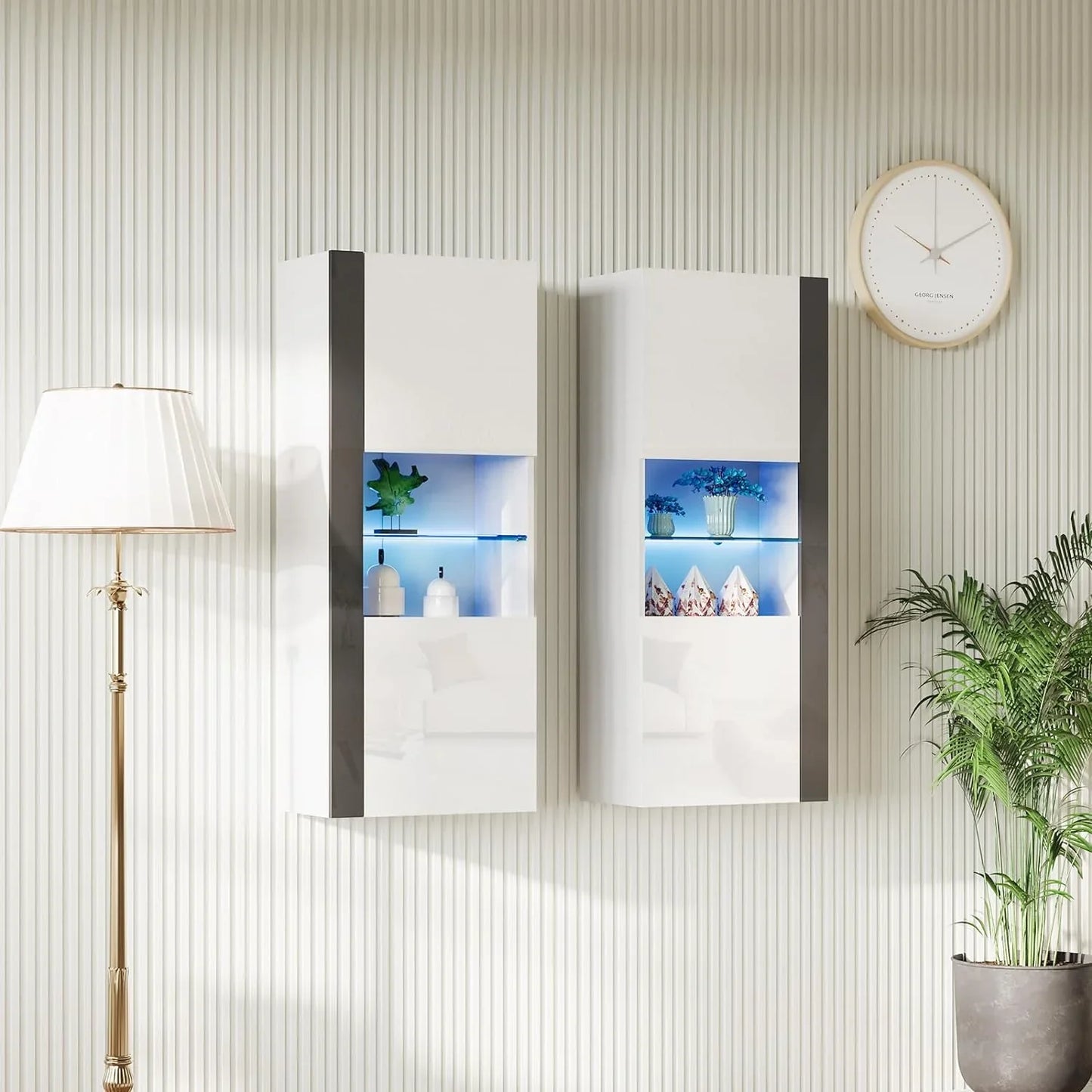 Modern Wall Storage Cabinets with LED Lights, Hanging Cabinets with Closed Doors & Open Shelves, White