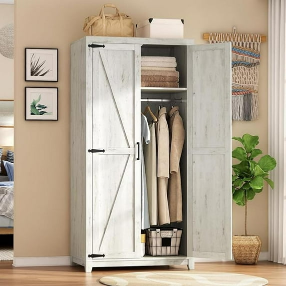 LUXOAK 70" Large Armoire Wardrobe Closet with Hanging Rod, Farmhouse Wooden Storage