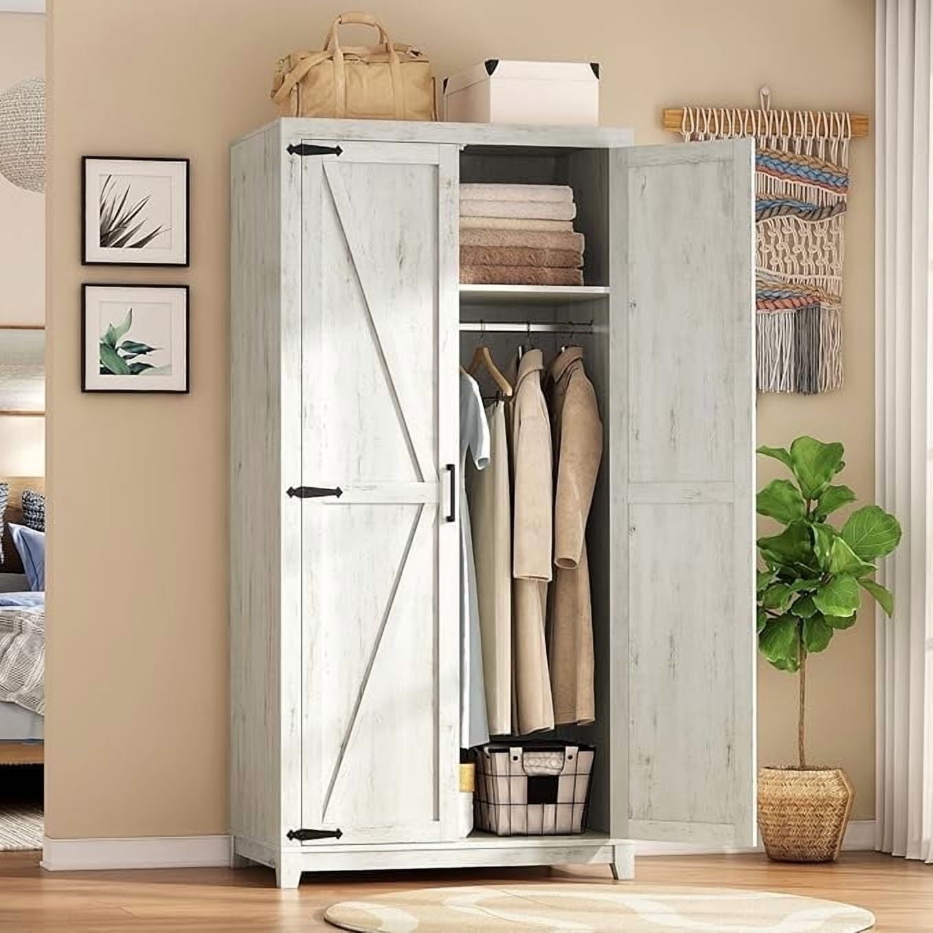 Papajet Armoire Wardrobe Closet with Hanging Rod, Farmhouse Wooden Storage