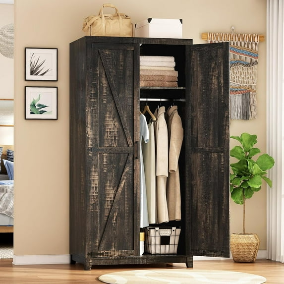 LUXOAK 70" Large Armoire Wardrobe Closet with Hanging Rod, Farmhouse Wooden Storage