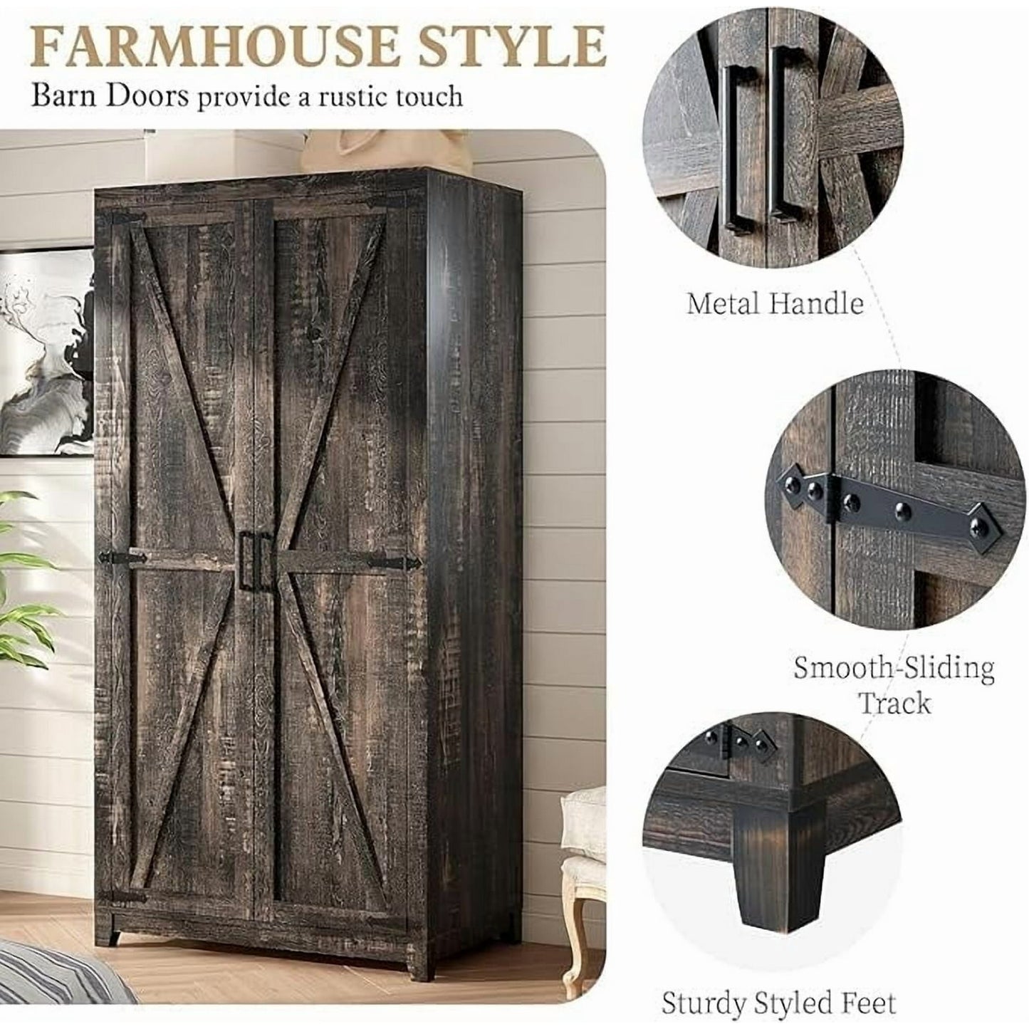Papajet Armoire Wardrobe Closet with Hanging Rod, Farmhouse Wooden Storage