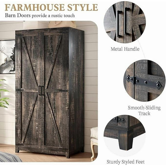 Papajet Armoire Wardrobe Closet with Hanging Rod, Farmhouse Wooden Storage