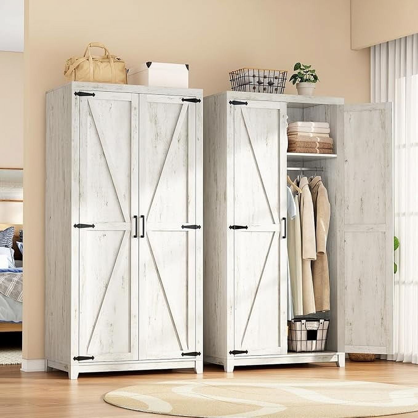 Papajet Armoire Wardrobe Closet with Hanging Rod, Farmhouse Wooden Storage