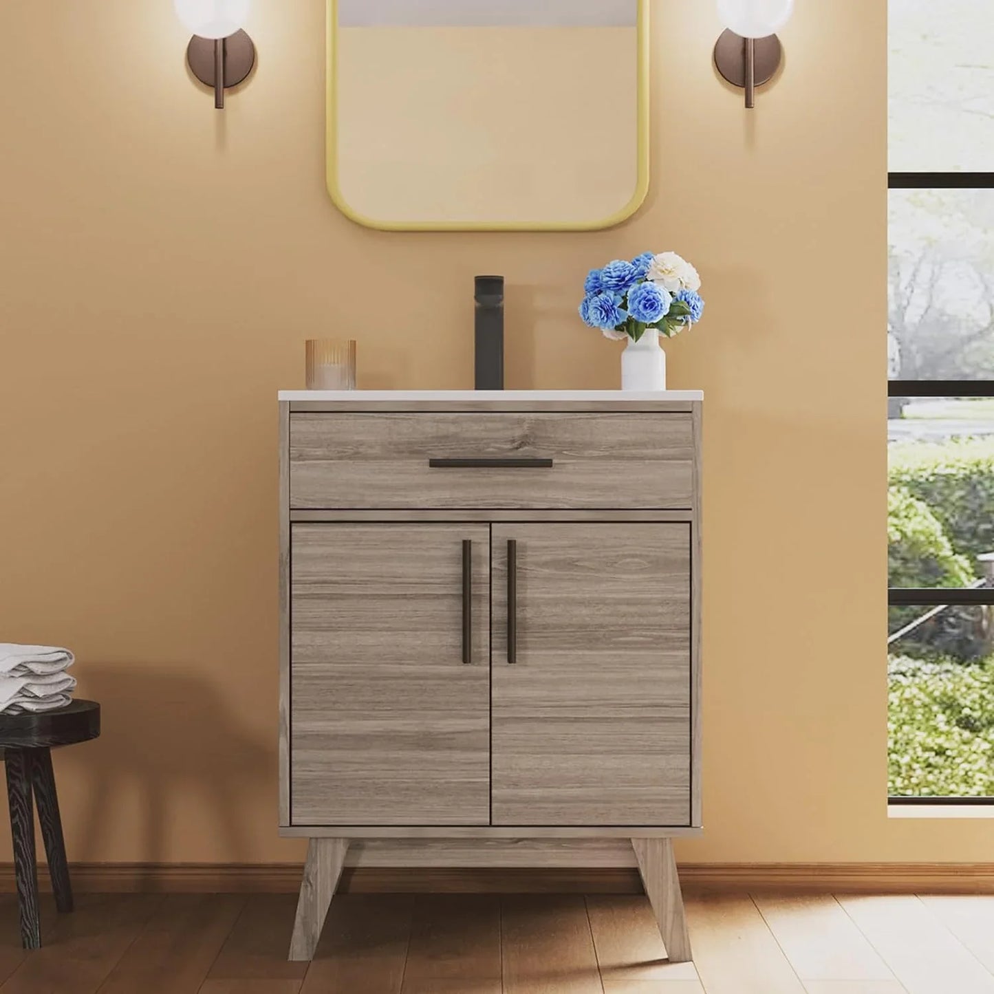 24.5" Bathroom Vanity with Sink Combo, Mid-Century Small Single Bathroom Cabinet Set, Grey