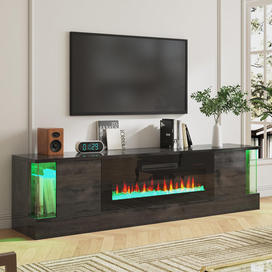 Fireplace TV Stand with 36" Electric Fireplace, 70" Modern Wood Grain High-Gloss TV Cabinet for Living Room, LED Entertainment Center with Flip-Down Doors for TVs up to 70", Black