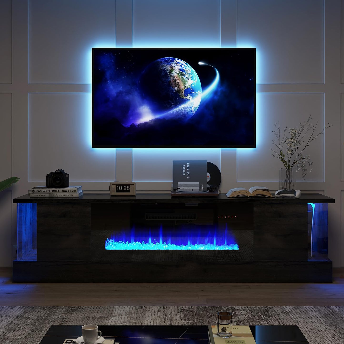 Fireplace TV Stand with 36" Electric Fireplace, 70" Modern Wood Grain High-Gloss TV Cabinet for Living Room, LED Entertainment Center with Flip-Down Doors for TVs up to 70", Black