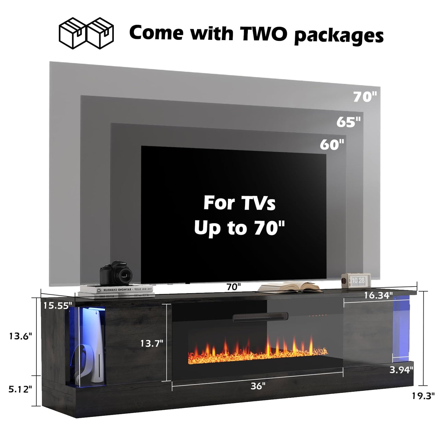 Fireplace TV Stand with 36" Electric Fireplace, 70" Modern Wood Grain High-Gloss TV Cabinet for Living Room, LED Entertainment Center with Flip-Down Doors for TVs up to 70", Black