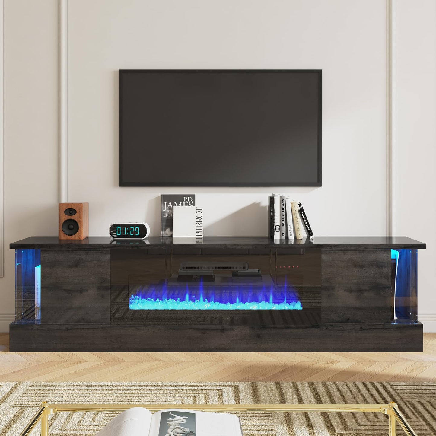 Fireplace TV Stand with 36" Electric Fireplace, 70" Modern Wood Grain High-Gloss TV Cabinet for Living Room, LED Entertainment Center with Flip-Down Doors for TVs up to 70", Black