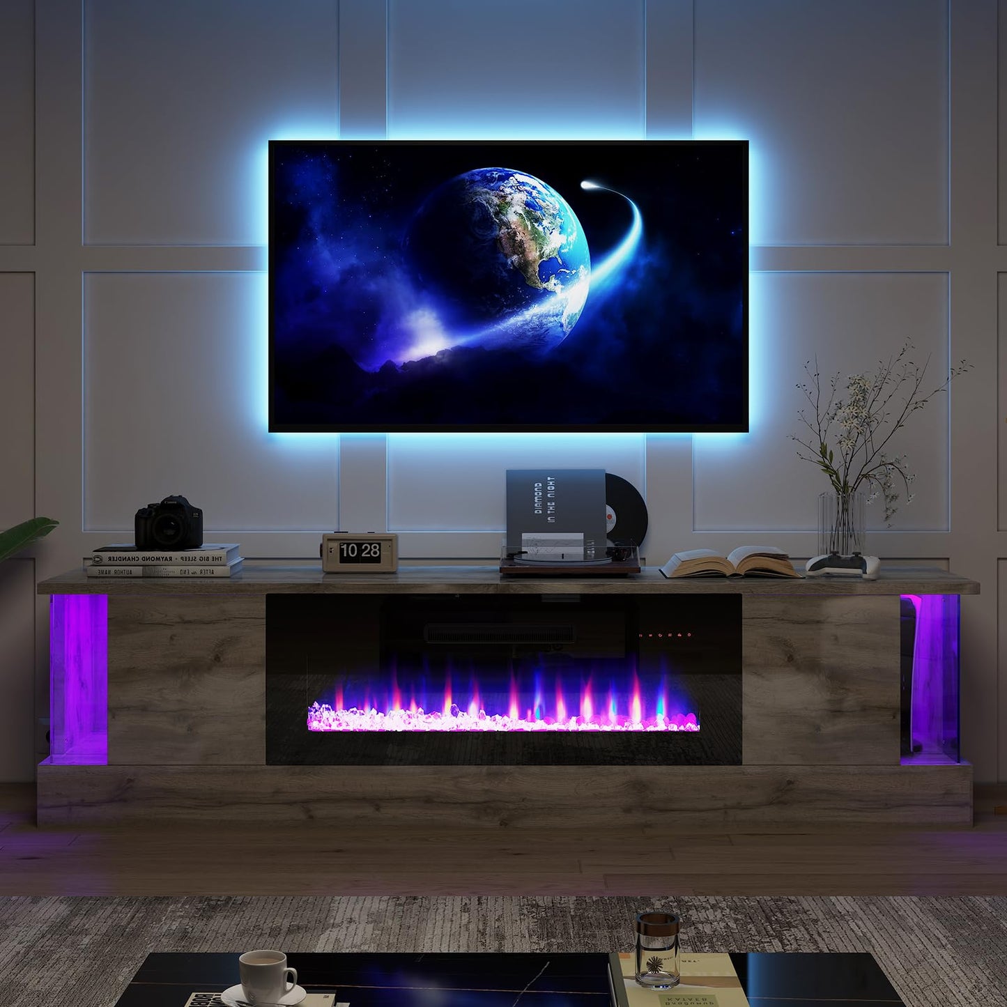 Fireplace TV Stand with 36" Electric Fireplace, 70" Modern Wood Grain High-Gloss TV Cabinet for Living Room, LED Entertainment Center with Flip-Down Doors for TVs up to 70", Black