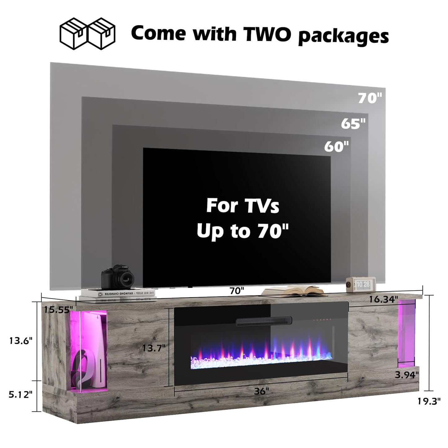 Fireplace TV Stand with 36" Electric Fireplace, 70" Modern Wood Grain High-Gloss TV Cabinet for Living Room, LED Entertainment Center with Flip-Down Doors for TVs up to 70", Black