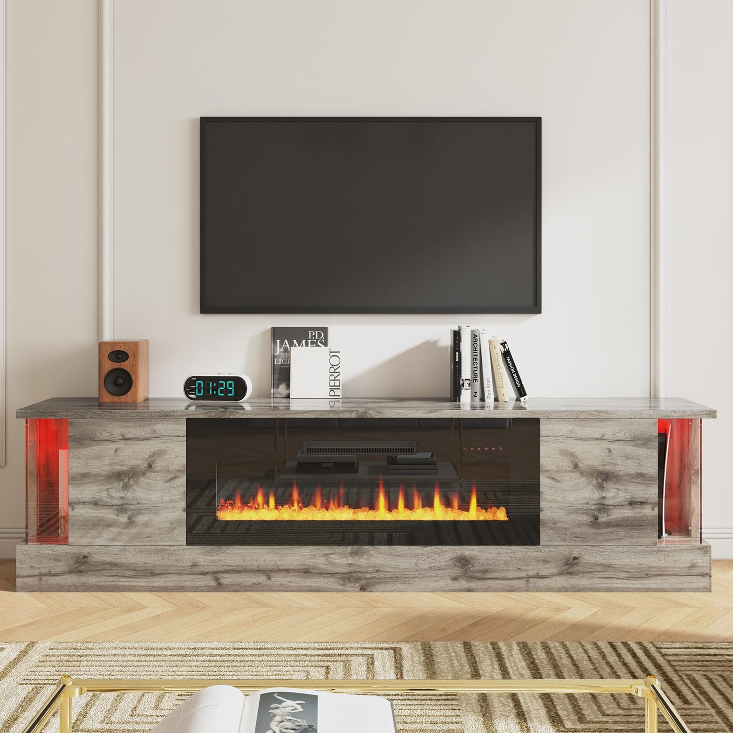 Fireplace TV Stand with 36" Electric Fireplace, 70" Modern Wood Grain High-Gloss TV Cabinet for Living Room, LED Entertainment Center with Flip-Down Doors for TVs up to 70", Black