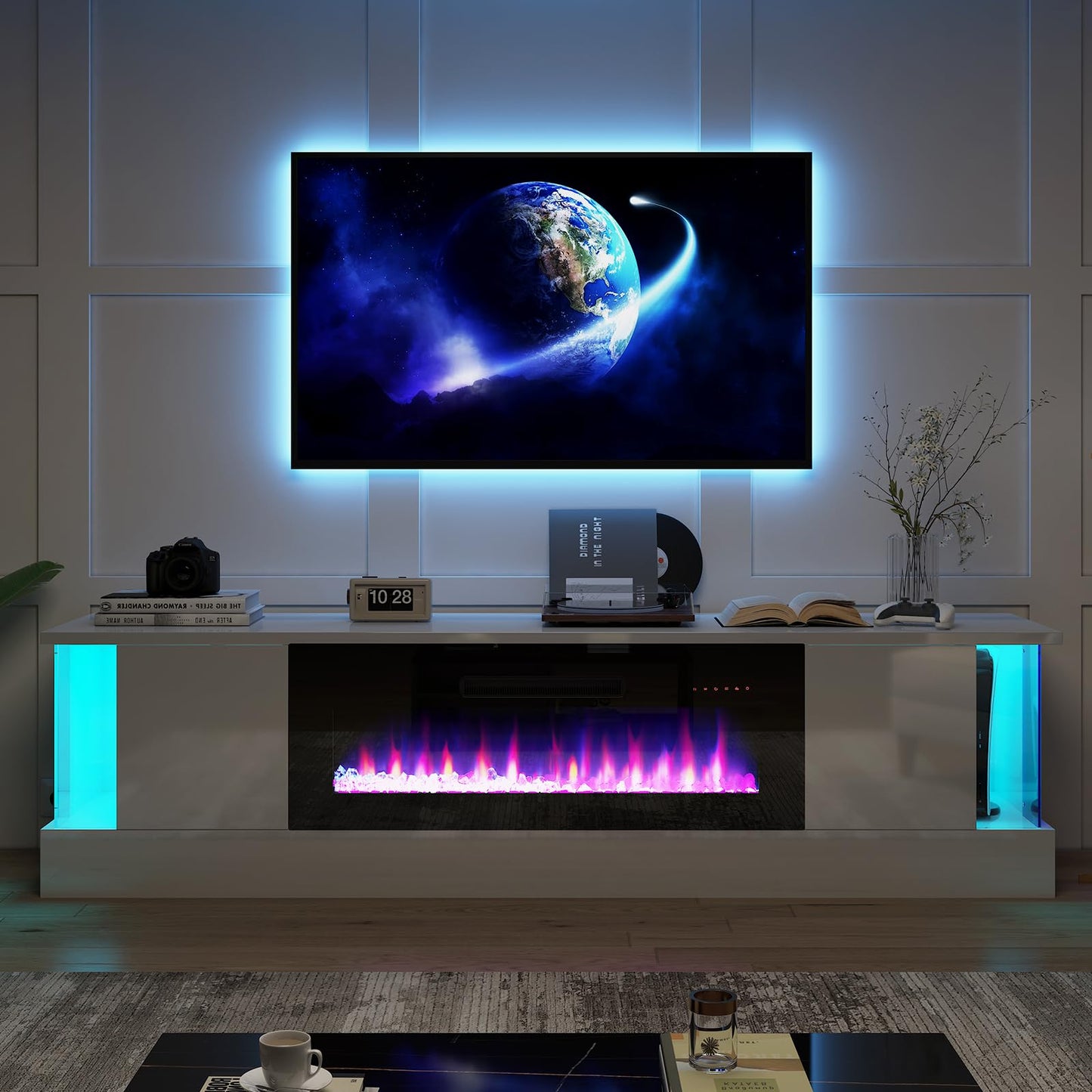 Fireplace TV Stand with 36" Electric Fireplace, 70" Modern Wood Grain High-Gloss TV Cabinet for Living Room, LED Entertainment Center with Flip-Down Doors for TVs up to 70", Black