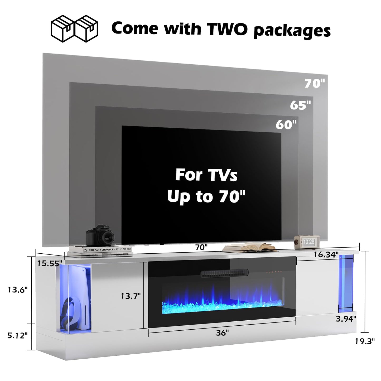 Fireplace TV Stand with 36" Electric Fireplace, 70" Modern Wood Grain High-Gloss TV Cabinet for Living Room, LED Entertainment Center with Flip-Down Doors for TVs up to 70", Black