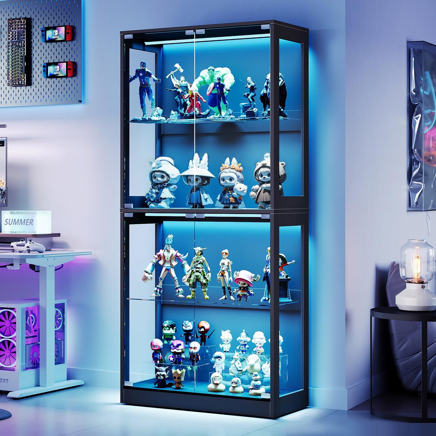 VANACC Display Cabinet with Glass Doors and RGB Lights, 4-Tier Storage Display Case for collectibles, Adjustable Shelves, MDF and Tempered Glass
