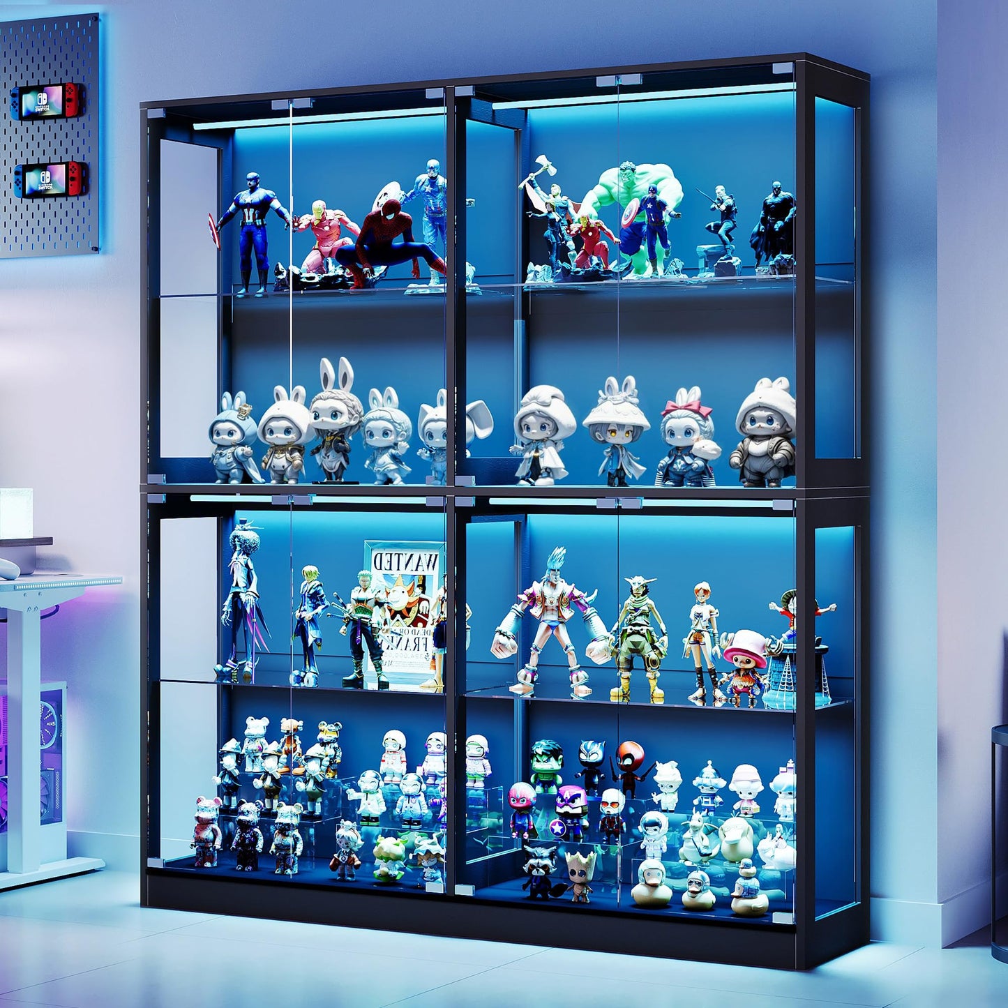 VANACC Display Cabinet with Glass Doors and RGB Lights, 4-Tier Storage Display Case for collectibles, Adjustable Shelves, MDF and Tempered Glass