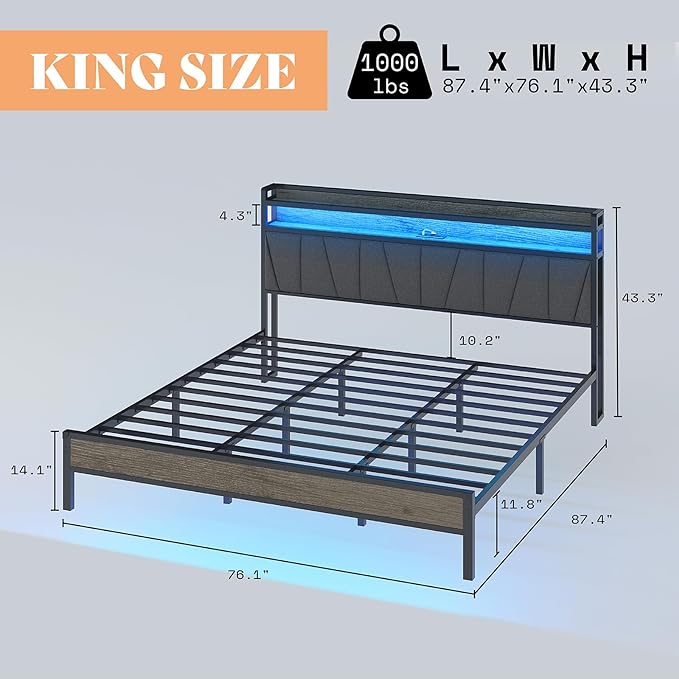 Queen Size Bed Frame with RGB Lights & Charging Station, LED Bed Frame with Storage Headboard Linen Upholstered, Heavy Duty Metal Slats, No Box Spring Needed, Rustic Grey