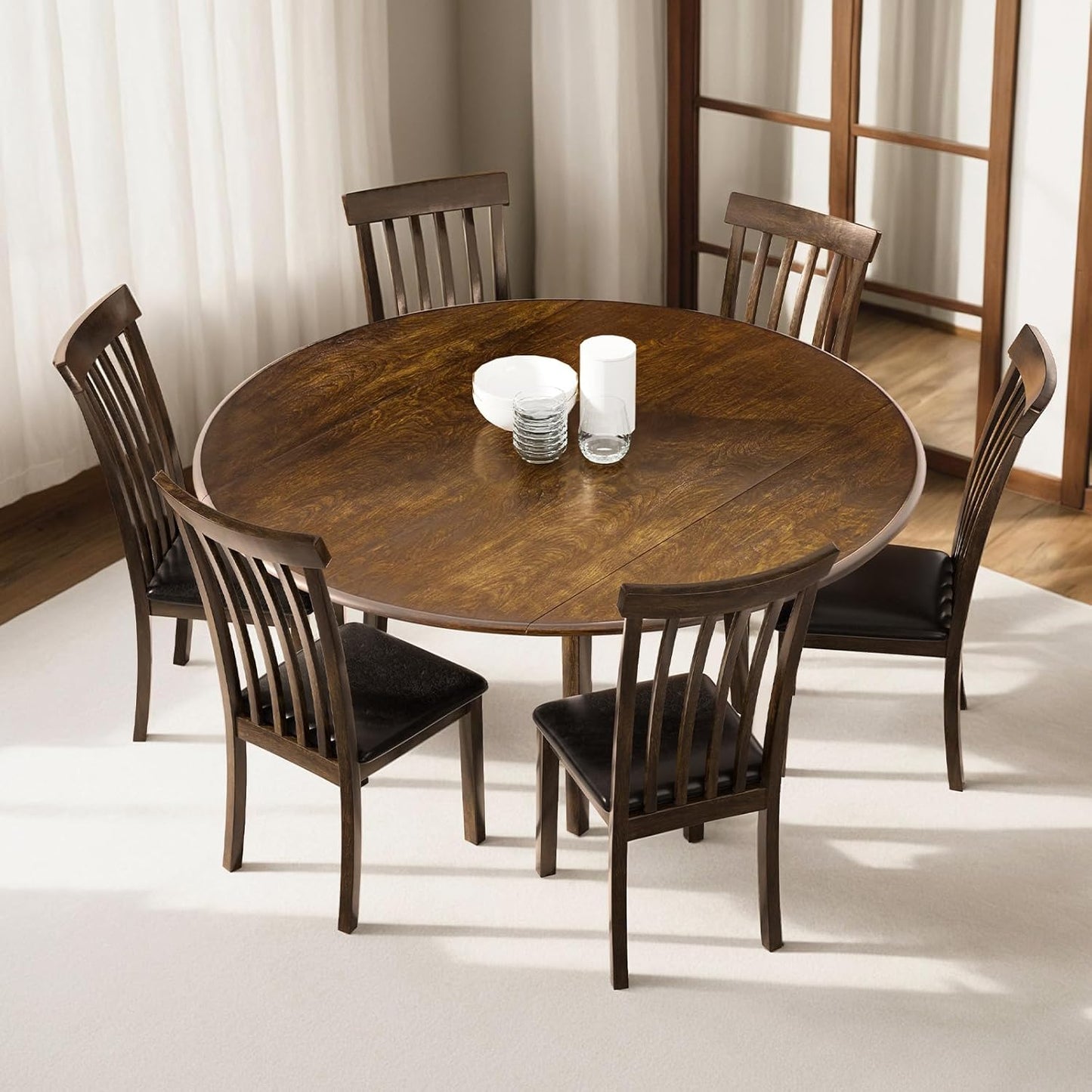 5PC Solid Wood Foldable Dining Table Set,Mid Century Modern Drop Leaf & PU Leather Chairs
