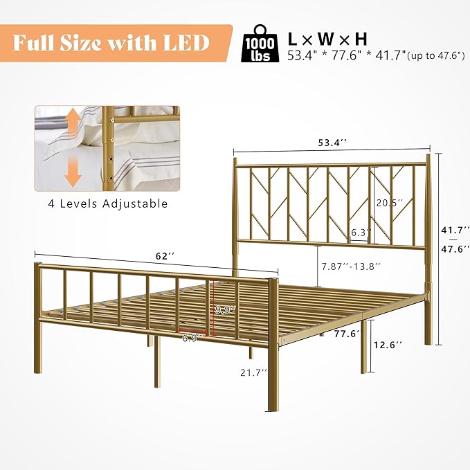 Twin Metal Bed Frame with Adjustable Headboard and LED Lights