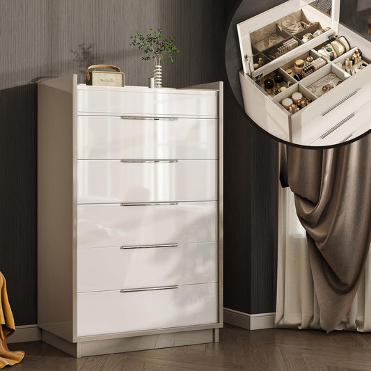 5-Drawer Chest with Glass Tabletop, Storage Dresser Organizer with Inside Mirror & Lift Top Dresser for Bedroom, Cream&Grey