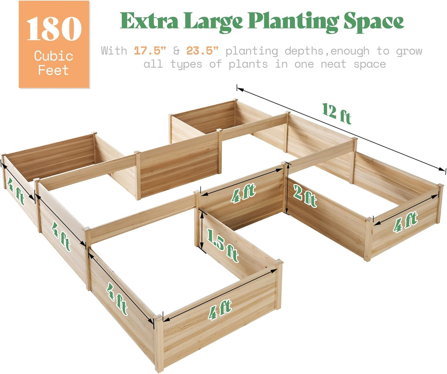 LUXOAK Raised Garden Planter - 12x12x2 ft H-Shaped Wooden Garden Bed, 180 cu. ft Capacity, Wooden Planter Box with Double Layer Design for Outdoor Patio & Garden