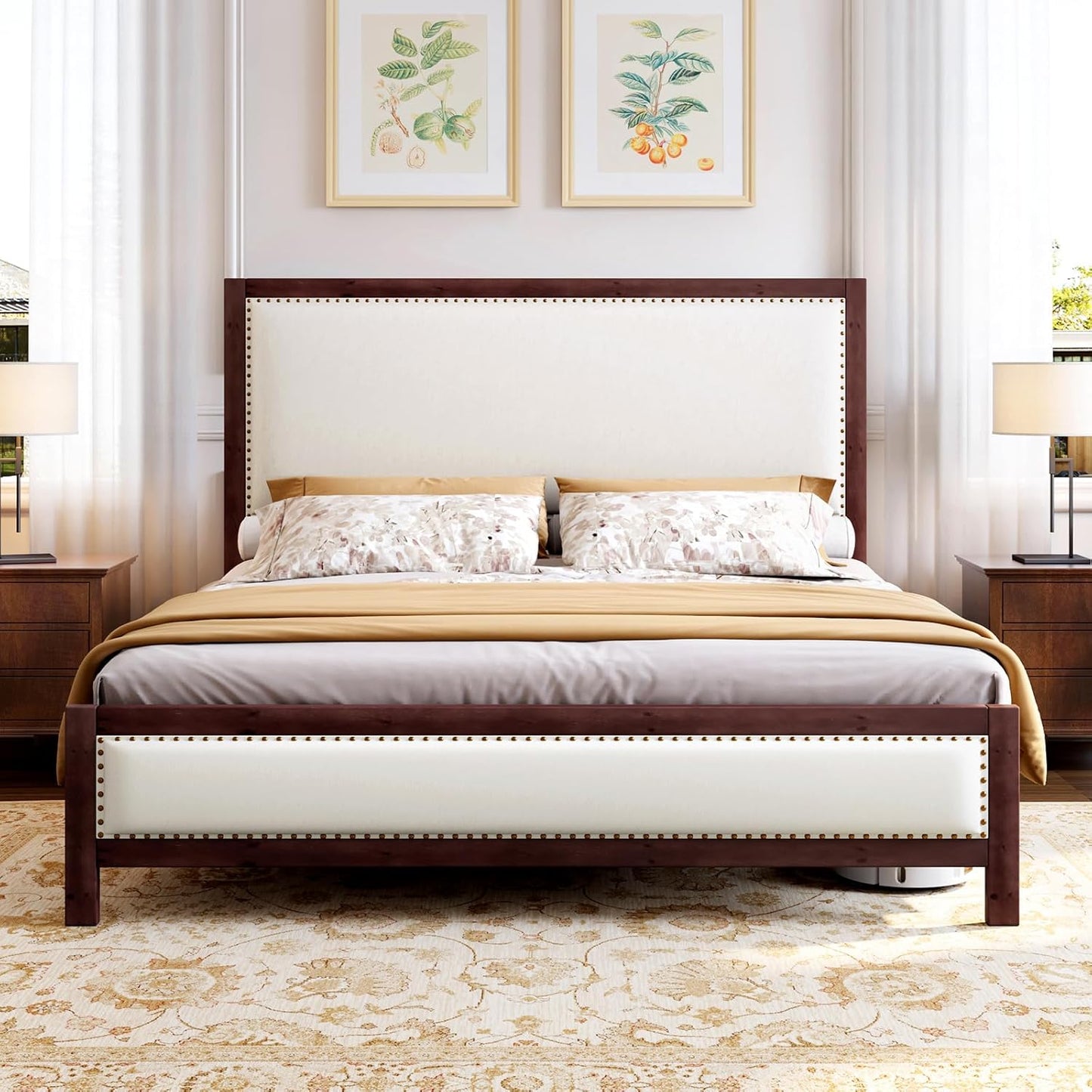 Upholstered Platform Bed with Headboard, Solid Wood Bed Frame with Linen Headboard & Footboard Nailhead Trim, No Box Spring Needed, Noise-Free