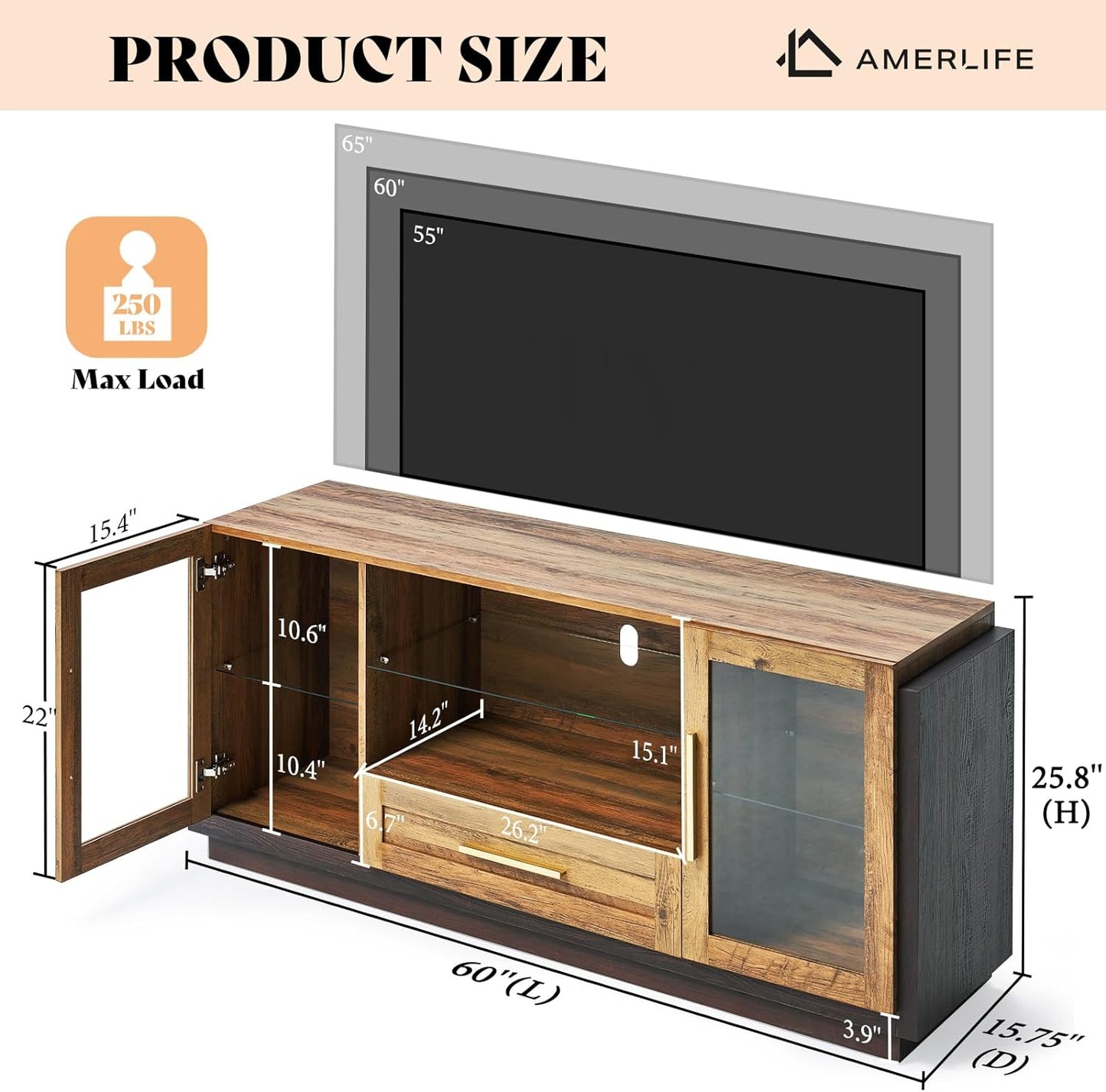 Thickened TV Stand with LED Lights, Media Entertainment Center with Glass Doors & Adjustable Shelves, Modern Storage TV Table, TV Console for Living Room for TVs up to 65"