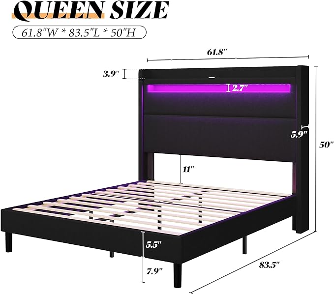 Queen Bed Frame with LED Lights and Wingback Headboard, Upholstered Platform Bed with USB and USB-C Ports, No Box Spring Required/Noise-Free/Black