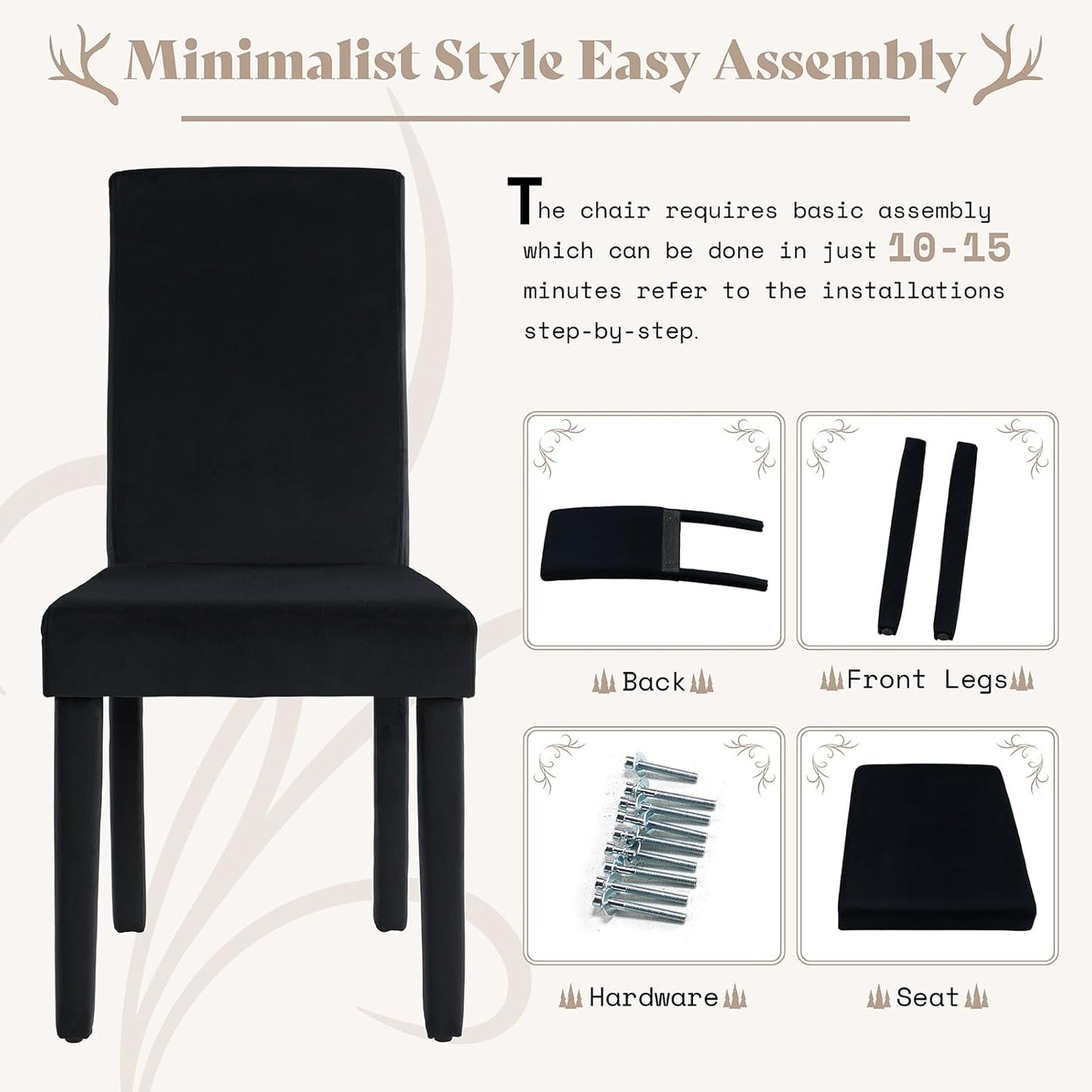 AMERLIFE Velvet Upholstered Dining Chairs Set of 2, Full Tufted Trim Dining Room Kitchen Side Chair with High Curved Back & Wood Legs, Modern Minimalist Parsons Chairs, Living Room, Bedroom, Black