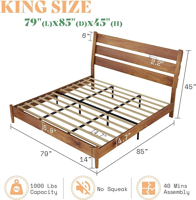 King Size Solid Wood Bed Frame, Mid Century Platform Bed with Reclining Slatted Headboard, Wood Slat Support,No Box Spring Needed, Noise Free, Light Brown