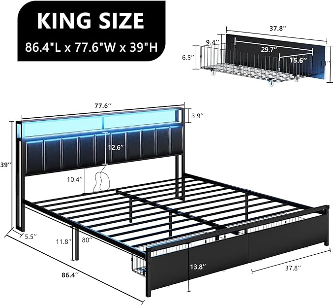 Queen Bed Frame with 2 Storage Drawers, LED Lights, Black