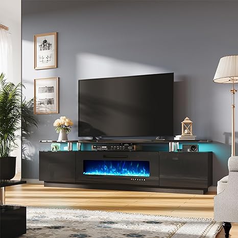 Fireplace TV Stand with 40" Fireplace, 80" Modern High Gloss Fireplace Entertainment Center LED Lights, 2 Tier TV Console Cabinet for TVs Up to 90", Obsidian Black